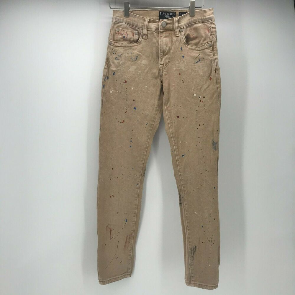Cote De Nuits Mens Jeans 28*31 Tan Paint Splatter Slim Leg Mid Rise Denim Jean
